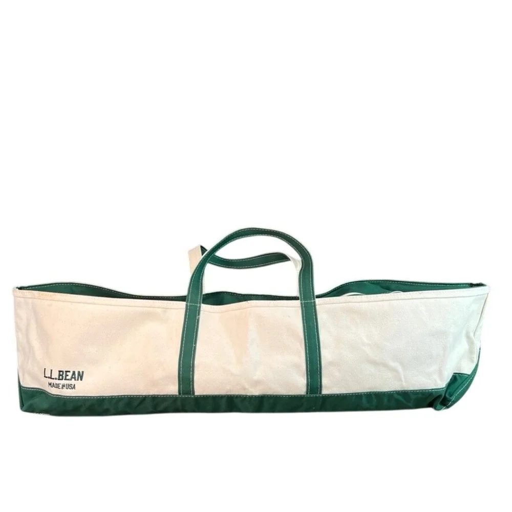 LL Bean Boat and Tote Canvas Bag Green Cream Made in USA Extra Long Utility Tote